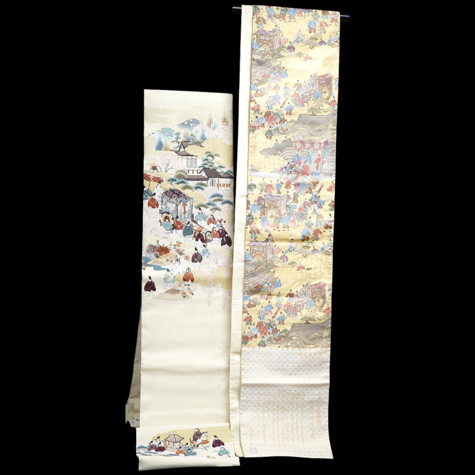 Two vintage silk brocade Obi, bought from Masae Shibamura in Tokyo with the ‘Four Seasons’ wedding kimono, one woven in gold brocade, depicting in minute detail a large celebratory procession, in two panels, the remainin